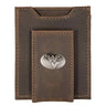West Virginia Mountaineers Men's Collegiate Magnetic Front Pocket Leather Wallet. WVU Wallet. WVU Slim Wallet. Silver Concho Emblem