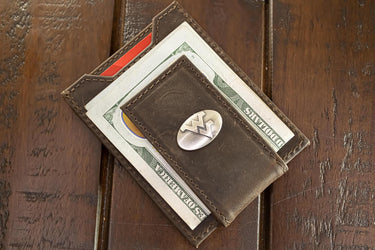 West Virginia Mountaineers Men's Collegiate Magnetic Front Pocket Leather Wallet. WVU Wallet. WVU Slim Wallet. Silver Concho Emblem