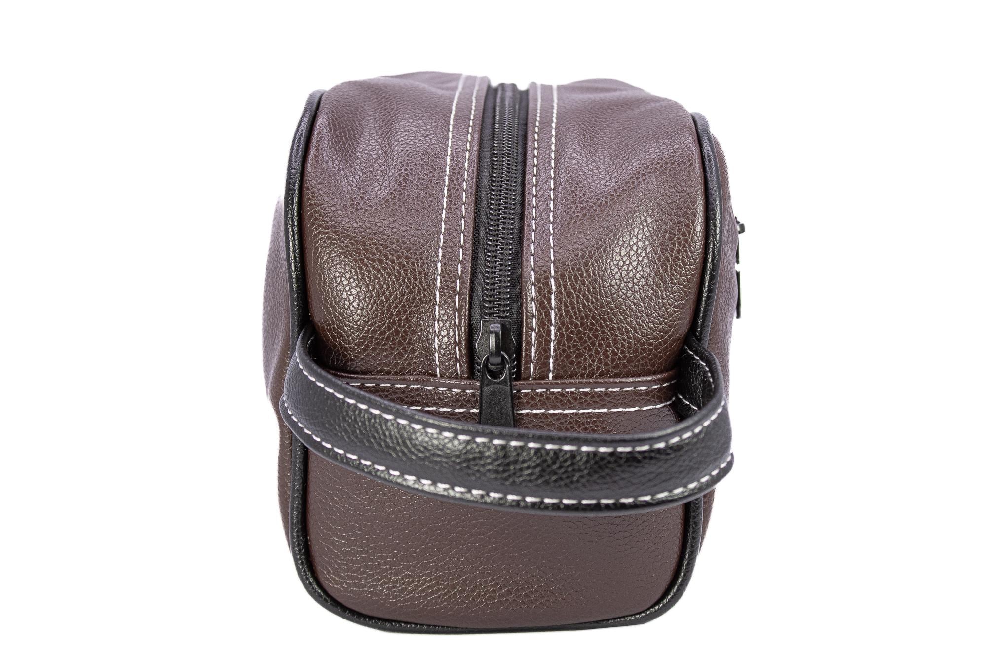 Virginia Tech Hokies Men's Toiletry Dopp Bag. Brown Pebble PU Finish. Hokies Silver Logo. Durable Water Resistant. Spacious Design.