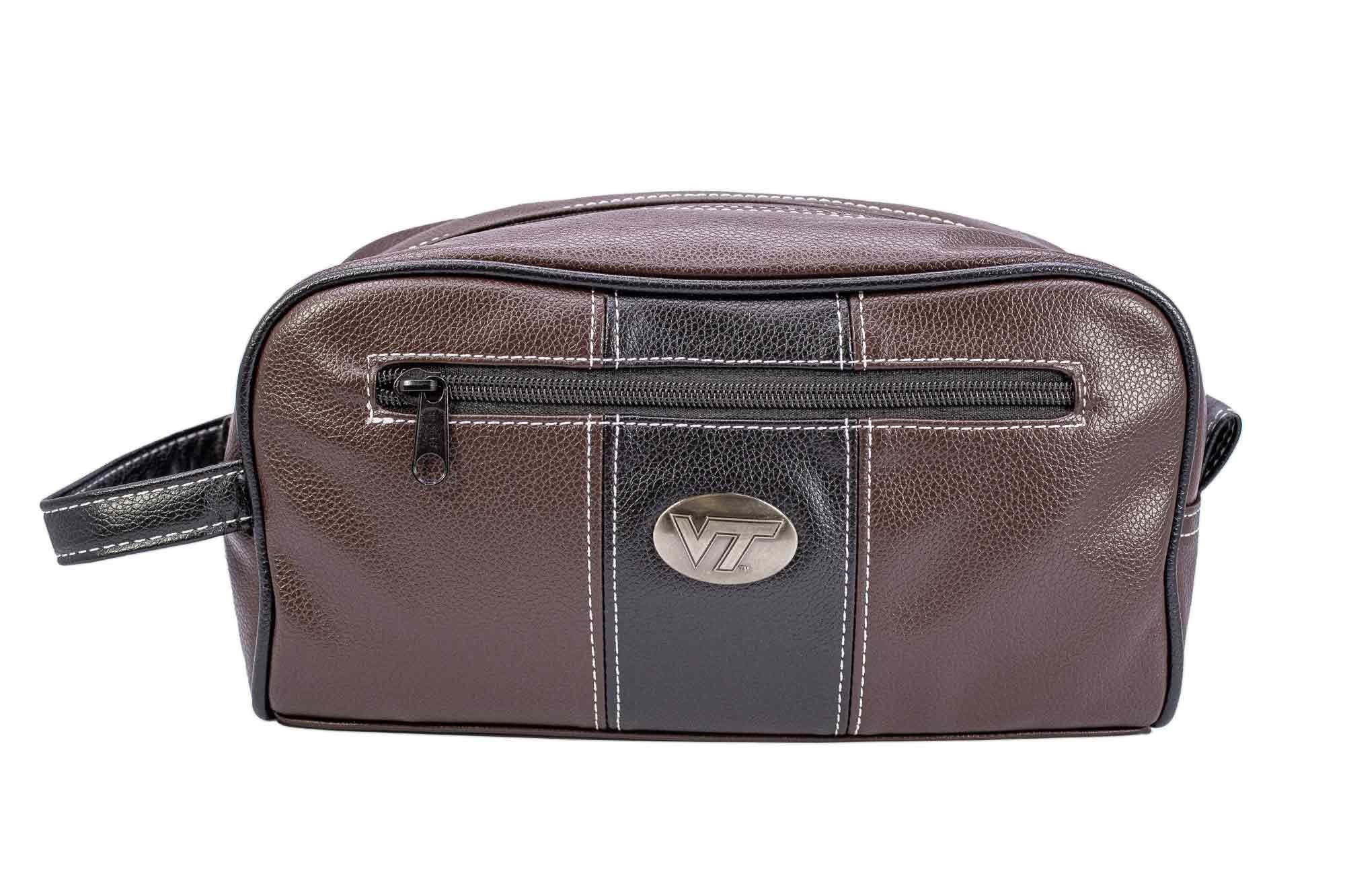 Virginia Tech Hokies Men's Toiletry Dopp Bag. Brown Pebble PU Finish. Hokies Silver Logo. Durable Water Resistant. Spacious Design.