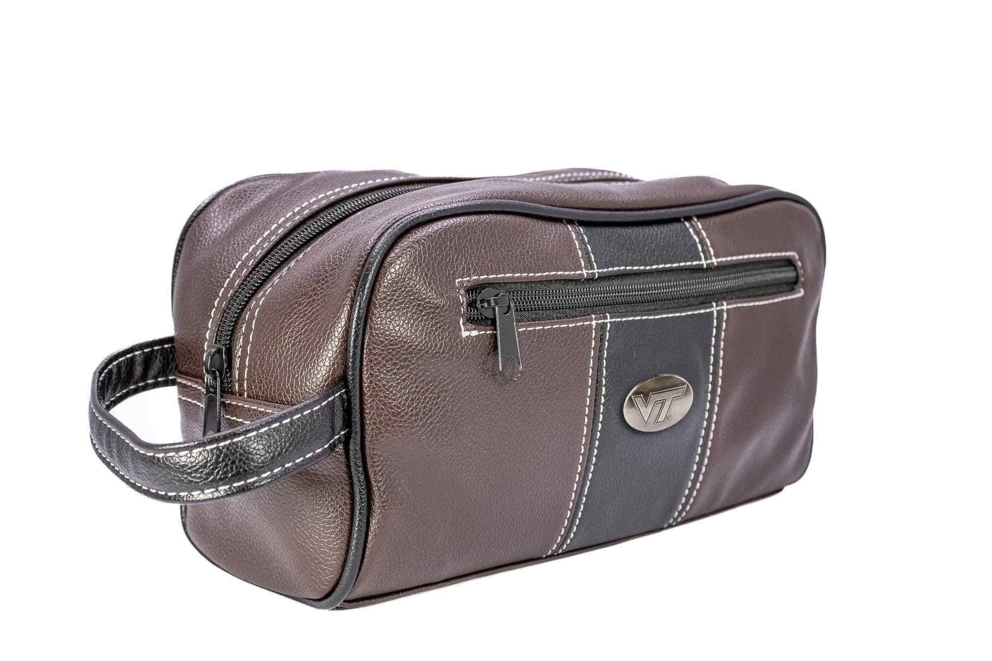 Virginia Tech Hokies Men's Toiletry Dopp Bag. Brown Pebble PU Finish. Hokies Silver Logo. Durable Water Resistant. Spacious Design.