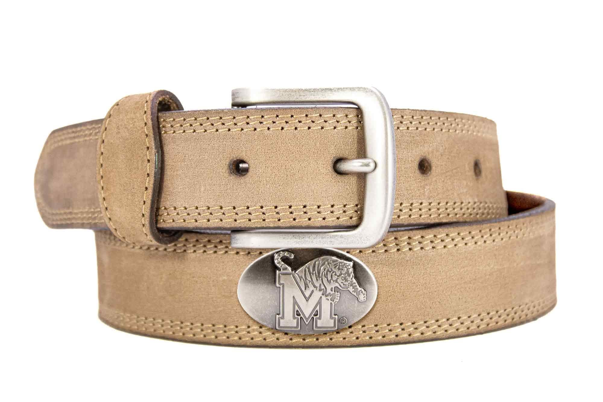 Memphis Tigers Men's Collegiate Leather Belt. Memphis Merch. Crazy-horse With Metal Emblem Conchos. Tigers Outdoor Rugged Belt.
