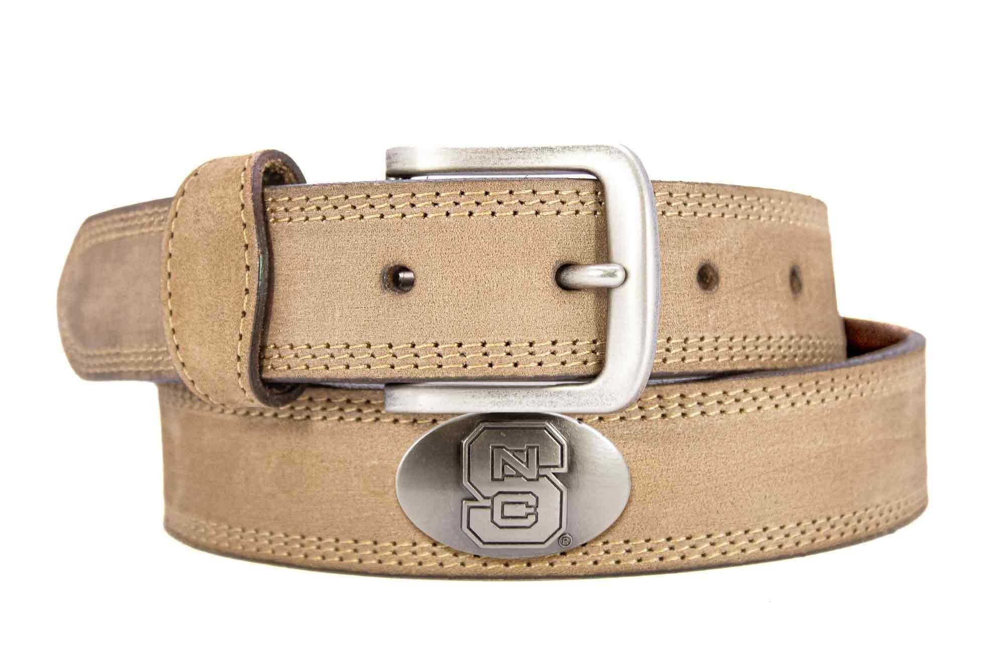 NC State Wolfpack Men's Collegiate Leather Belt. Wolfpack Merch. Crazy-horse With Metal Emblem Conchos. NCS Outdoor Rugged Belt.