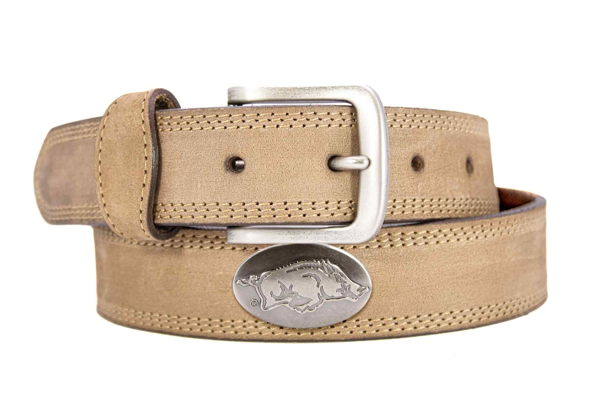 Arkansas Razorbacks Men's Collegiate Leather Belt. ARK Merch. Crazy-horse With Metal Emblem Conchos. Arkansas Outdoor Rugged Belt.