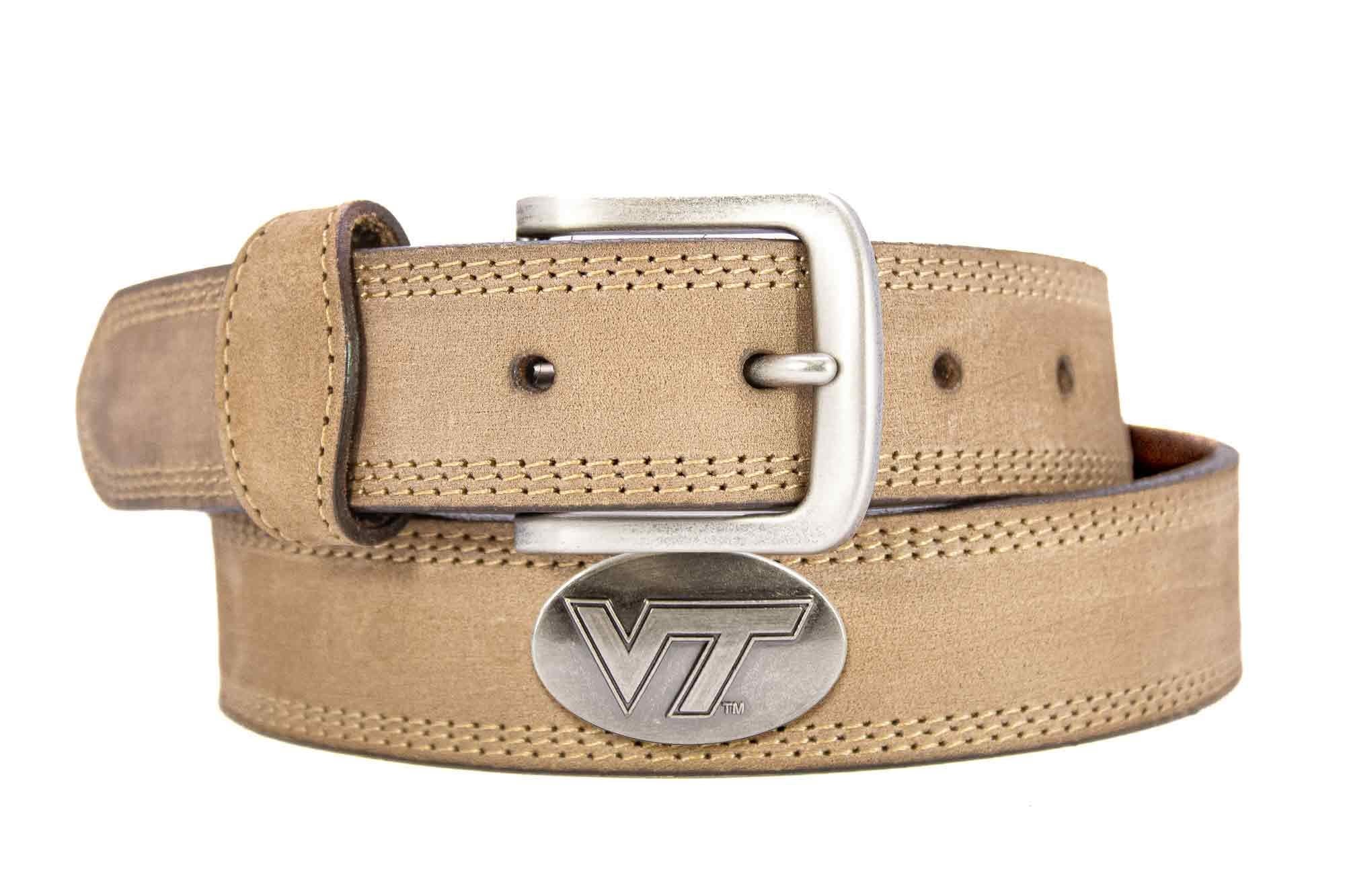 Virginia Tech Hokies Men's Collegiate Leather Belt. Hokies Merch. Crazy-horse With Metal Emblem Conchos. VT Outdoor Rugged Belt.