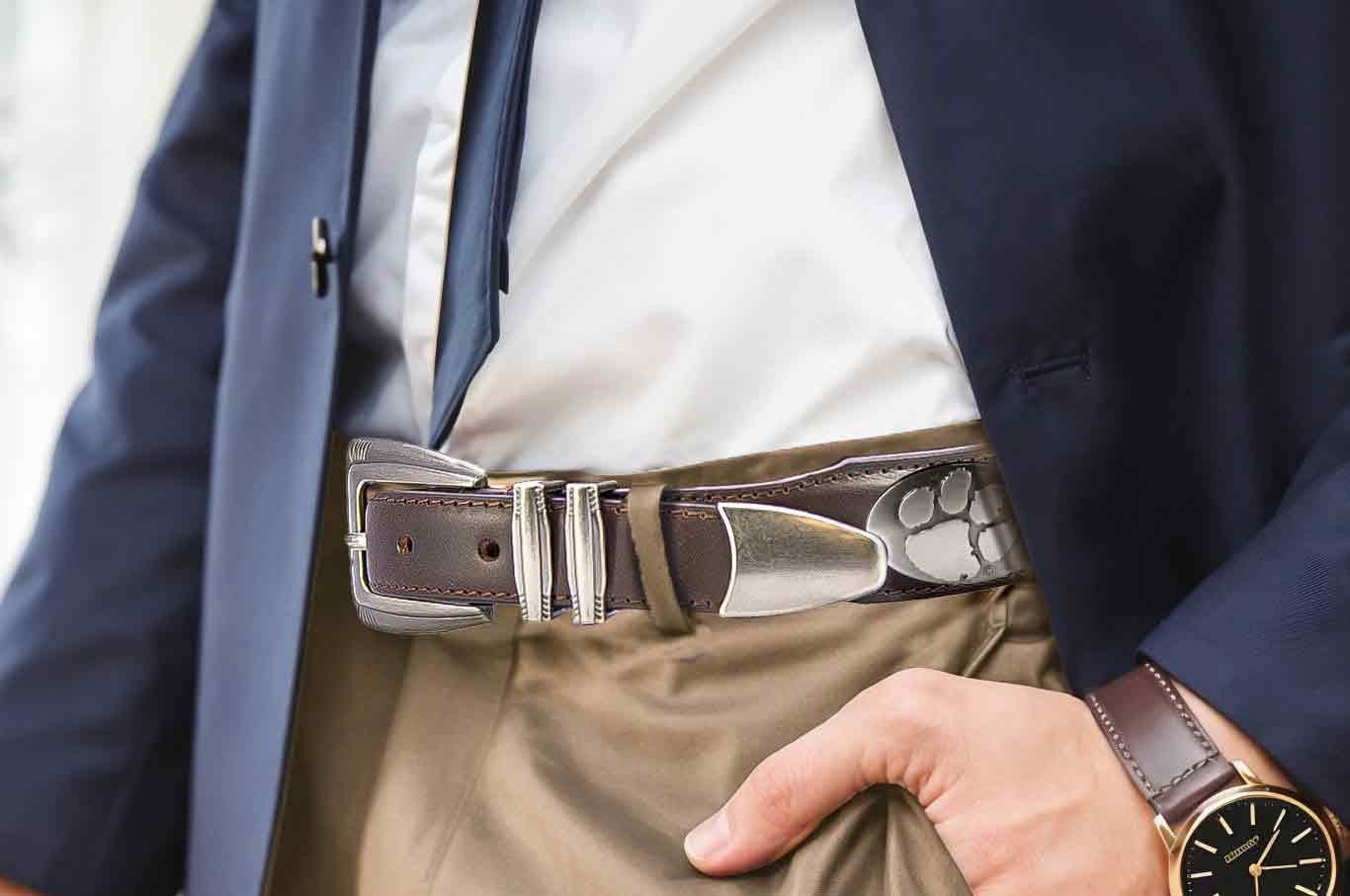 Clemson Tigers Men's Dressy Leather Belt. Clemson Gift. Tigers Merch. Croc Pattern. Smooth Full Grain Finish. Metal Emblem Conchos.