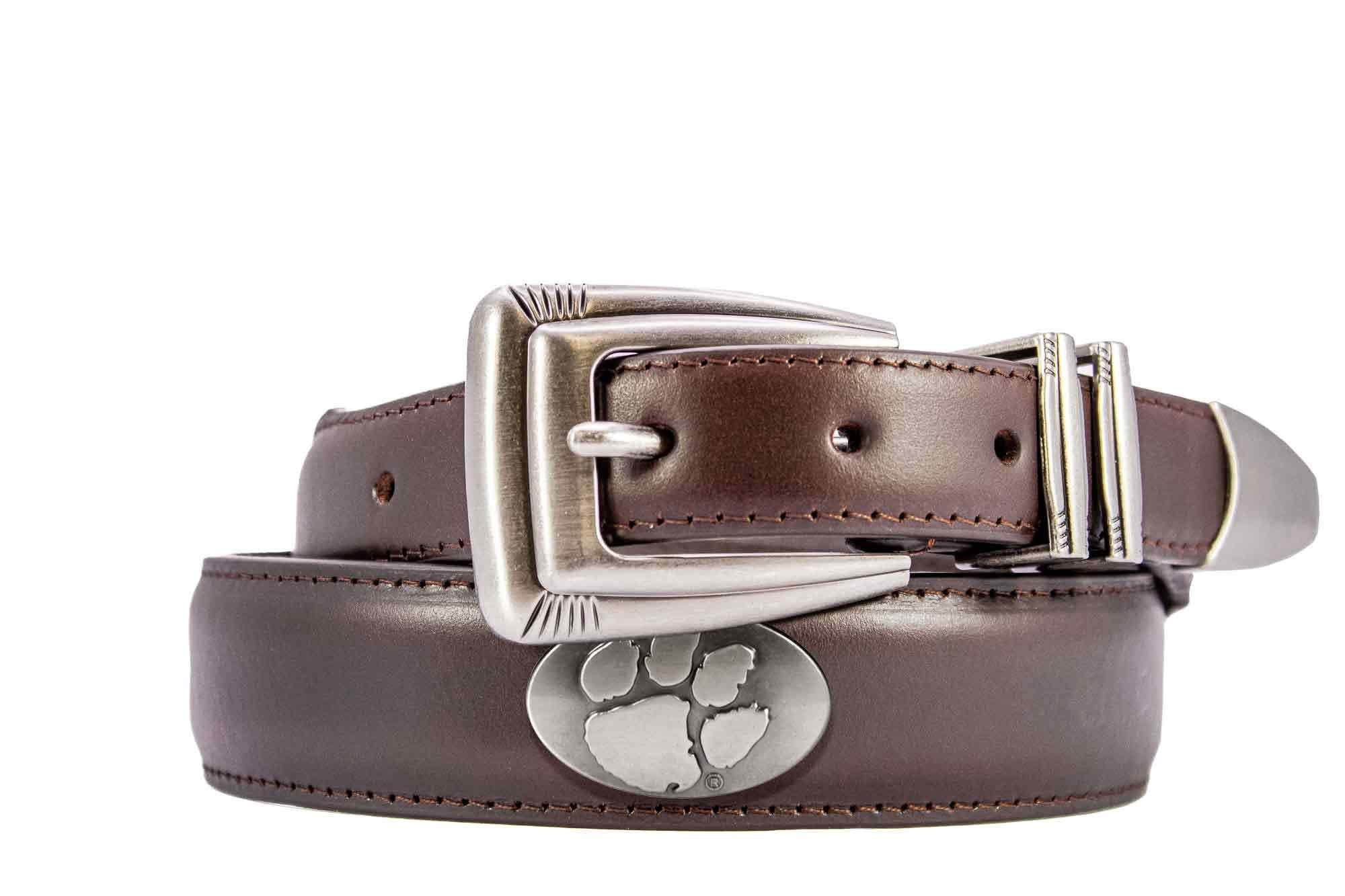 Clemson Tigers Men's Dressy Leather Belt. Clemson Gift. Tigers Merch. Croc Pattern. Smooth Full Grain Finish. Metal Emblem Conchos.