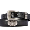 ECU Pirates Men's Dressy Leather Belt. East Carolina Gift. ECU Merch. Croc Pattern. Smooth Full Grain Finish. Metal Emblem Conchos.