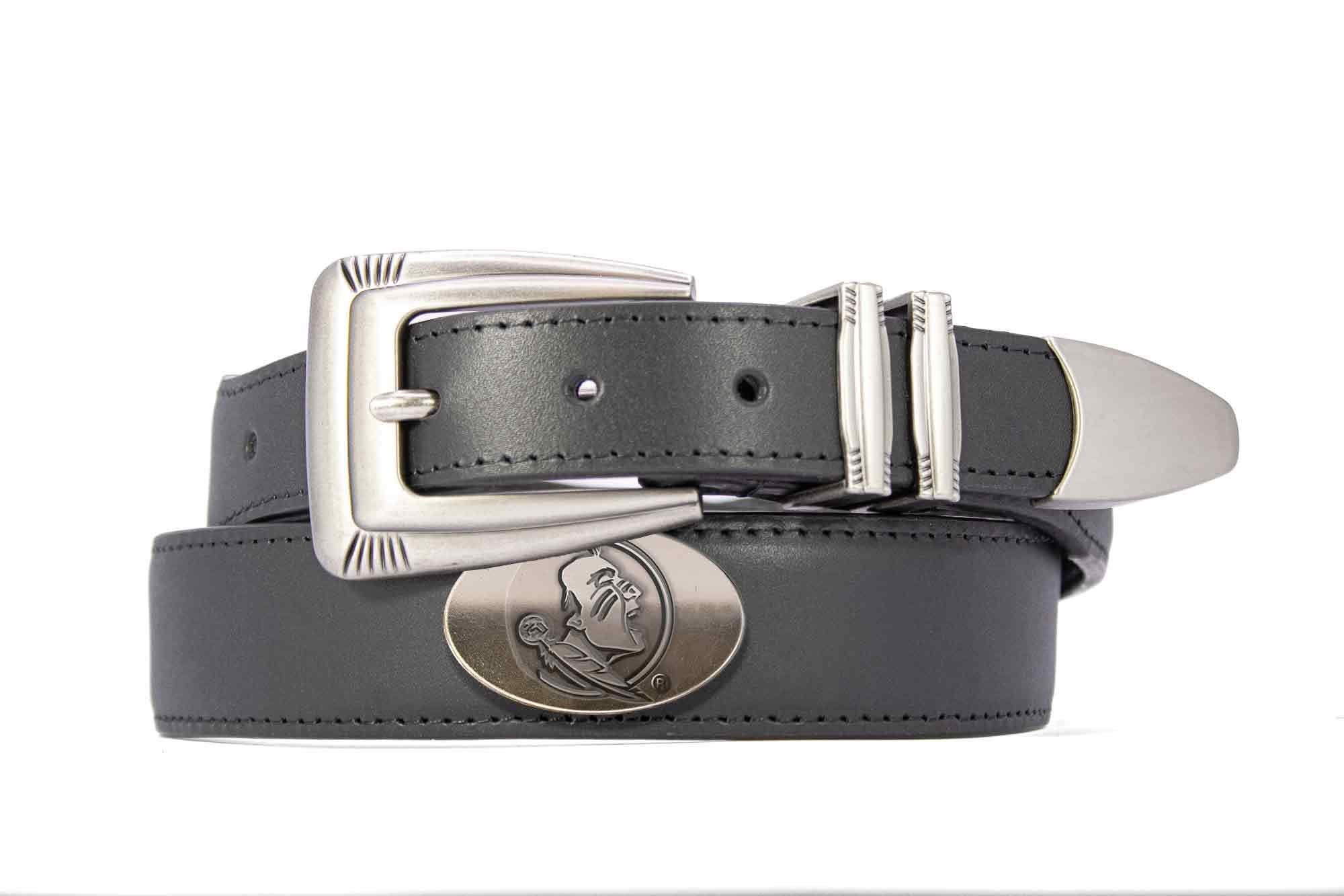 FSU Seminoles Men's Dressy Leather Belt. FSU Gift. Noles Merch. Croc Pattern. Smooth Full Grain Finish. Metal Emblem Conchos.