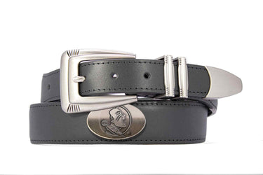 FSU Seminoles Men's Dressy Leather Belt. FSU Gift. Noles Merch. Croc Pattern. Smooth Full Grain Finish. Metal Emblem Conchos.