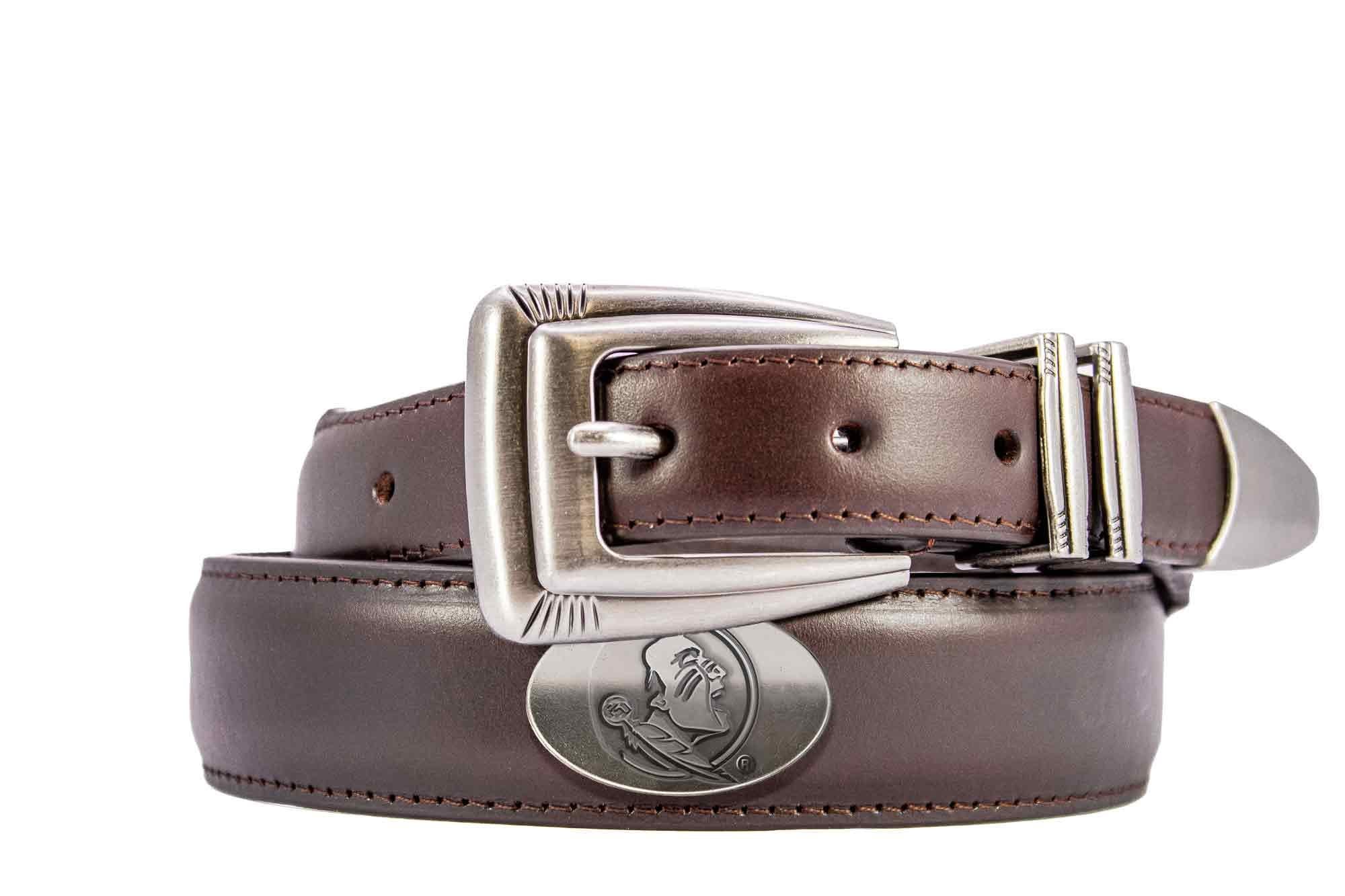 FSU Seminoles Men's Dressy Leather Belt. FSU Gift. Noles Merch. Croc Pattern. Smooth Full Grain Finish. Metal Emblem Conchos.