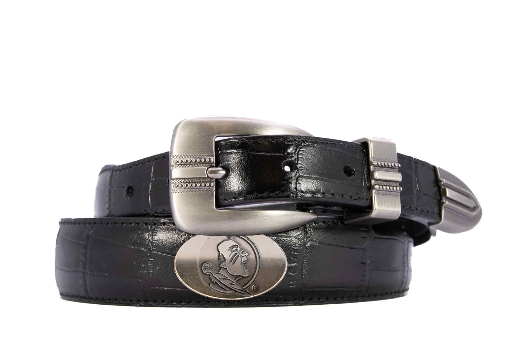 FSU Seminoles Men's Dressy Leather Belt. FSU Gift. Noles Merch. Croc Pattern. Smooth Full Grain Finish. Metal Emblem Conchos.