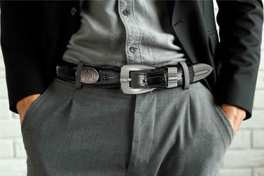 Mississippi State Bulldogs Men's Dressy Leather Belt. MSU Gift. MSU Merch. Croc Pattern. Smooth Full Grain Finish. Metal Emblem Conchos.