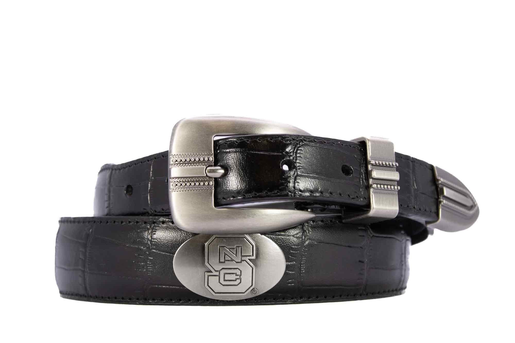 NC State Wolfpack Men's Dressy Leather Belt. NC State Gift. Wolfpack Merch. Croc Pattern. Smooth Full Grain Finish. Metal Emblem Conchos.