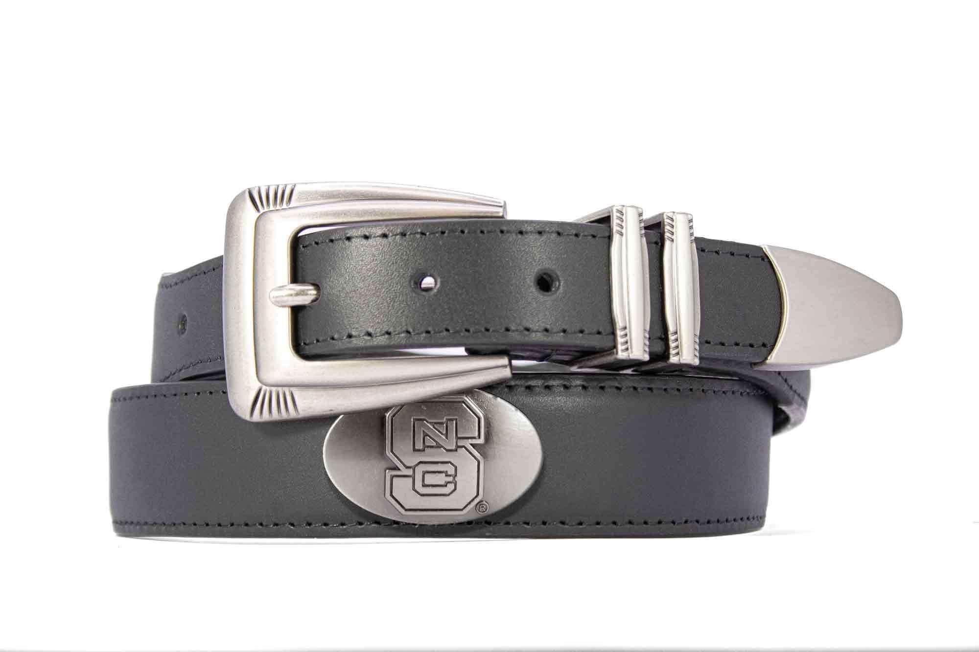 NC State Wolfpack Men's Dressy Leather Belt. NC State Gift. Wolfpack Merch. Croc Pattern. Smooth Full Grain Finish. Metal Emblem Conchos.