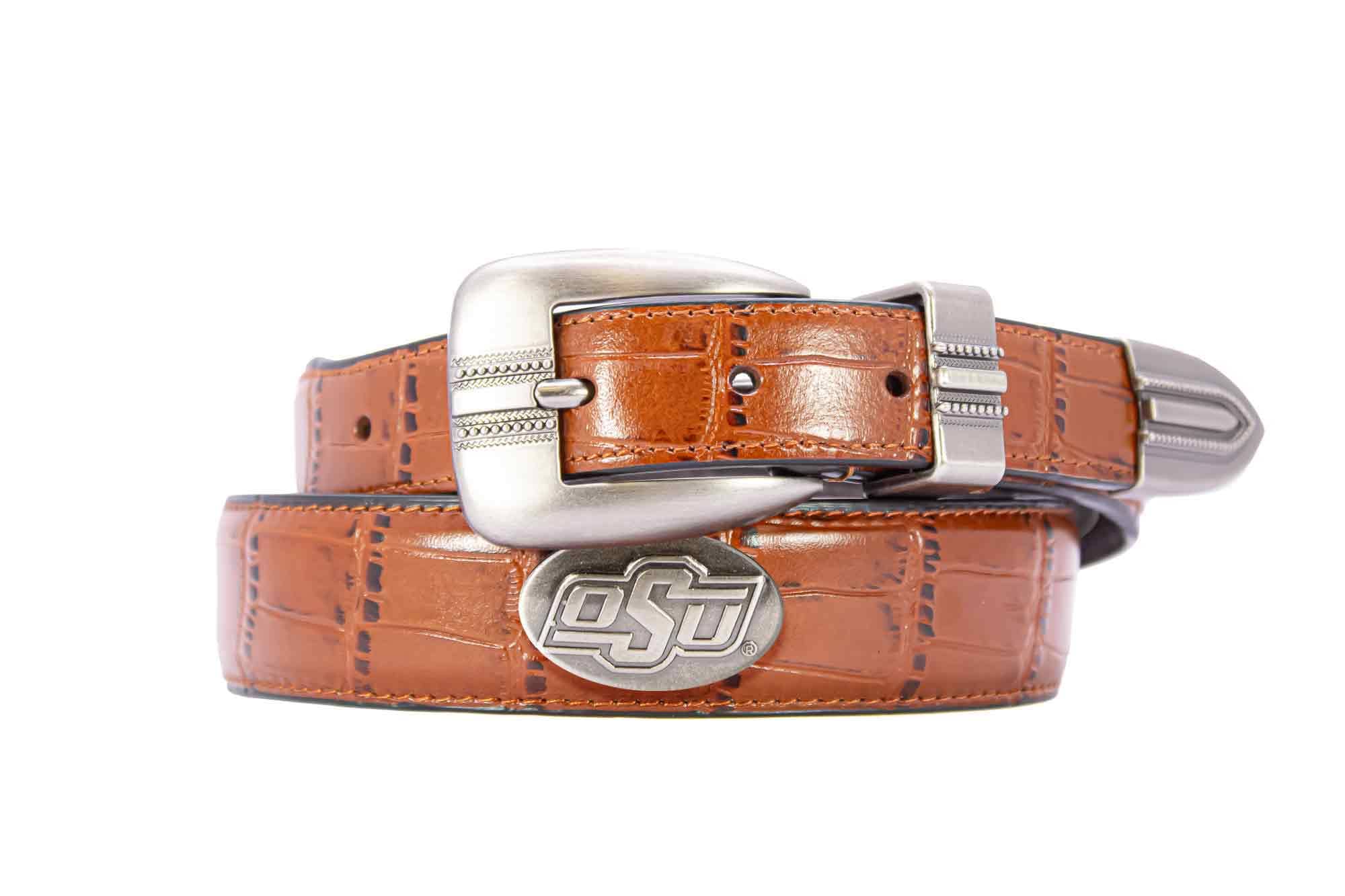 Oklahoma State Cowboys Men's Dressy Leather Belt. OSU Gift. Cowboys Merch. Croc Pattern. Smooth Full Grain Finish. Metal Emblem Conchos.