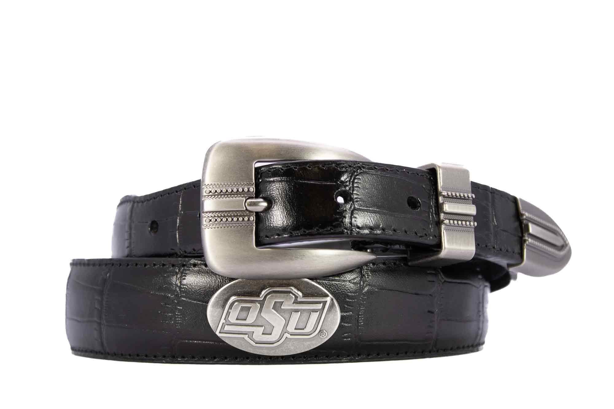 Oklahoma State Cowboys Men's Dressy Leather Belt. OSU Gift. Cowboys Merch. Croc Pattern. Smooth Full Grain Finish. Metal Emblem Conchos.