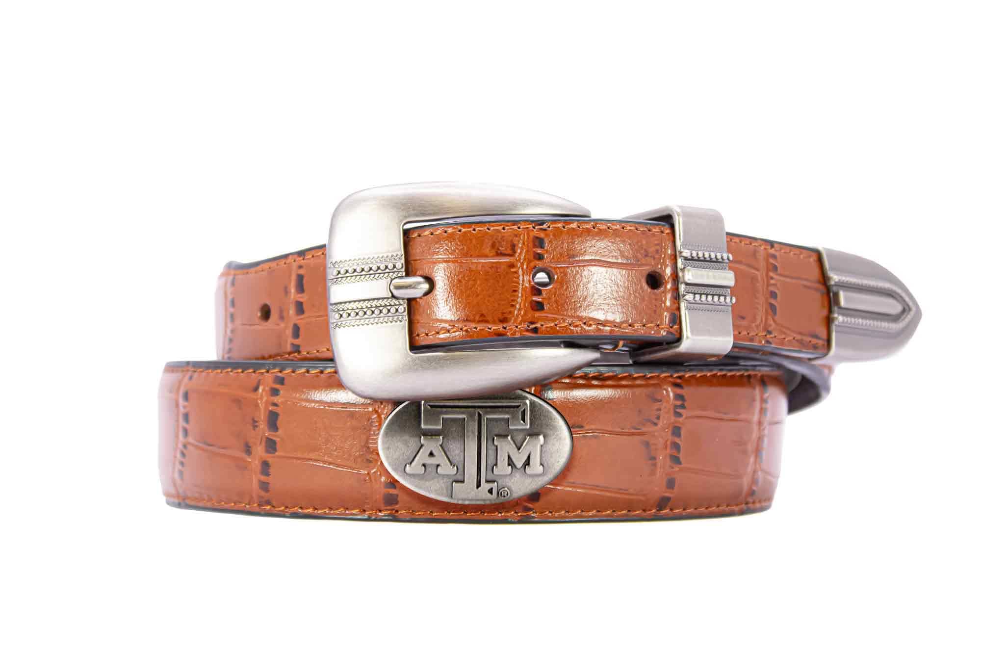 Texas A&M Aggies Men's Dressy Leather Belt. Aggies Gift. Texas Merch. Croc Pattern. Smooth Full Grain Finish. Metal Emblem Conchos.