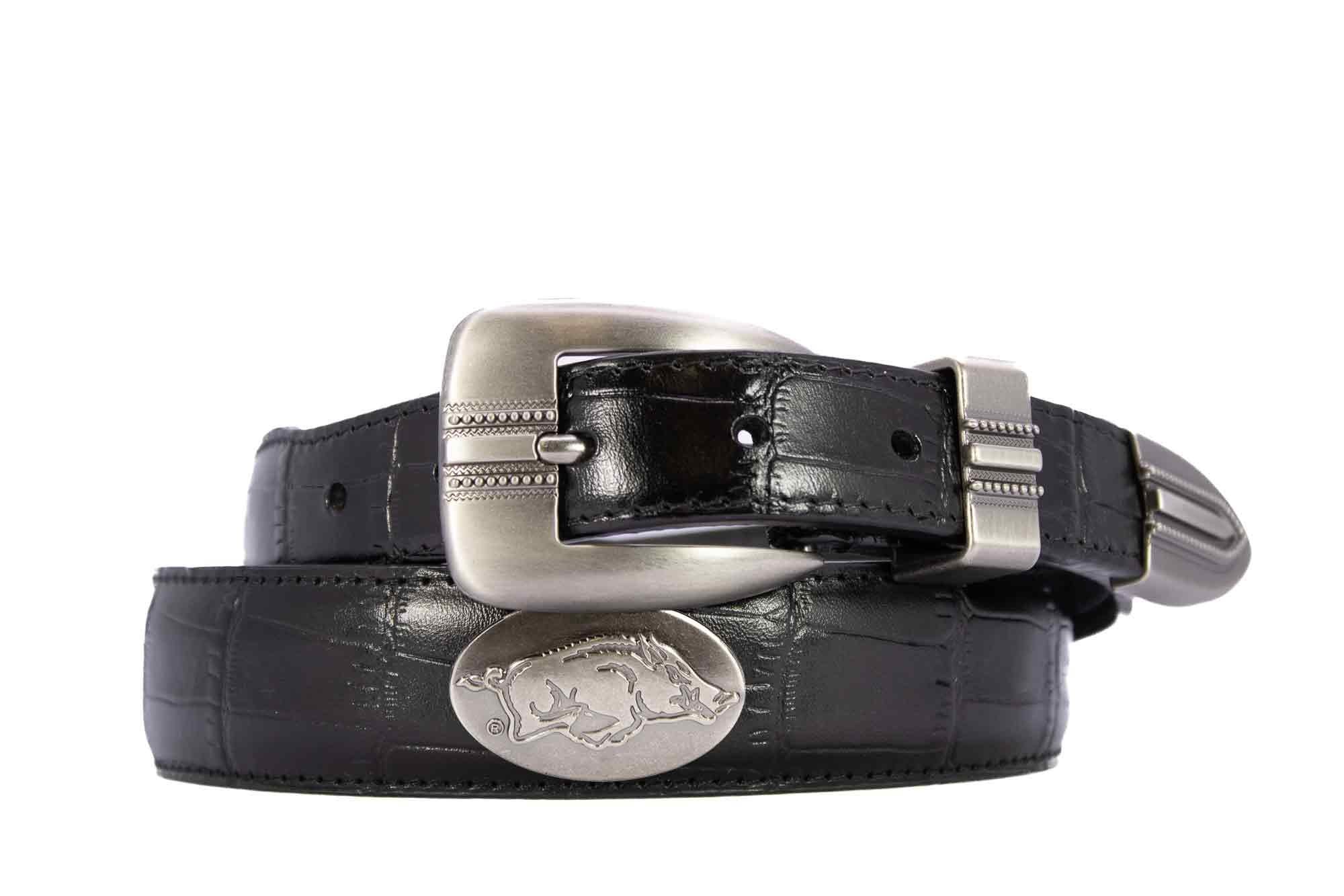 Arkansas Razorbacks Men's Dressy Leather Belt. Arkansas Gift. ARK Merch. Croc Pattern. Smooth Full Grain Finish. Metal Emblem Conchos.