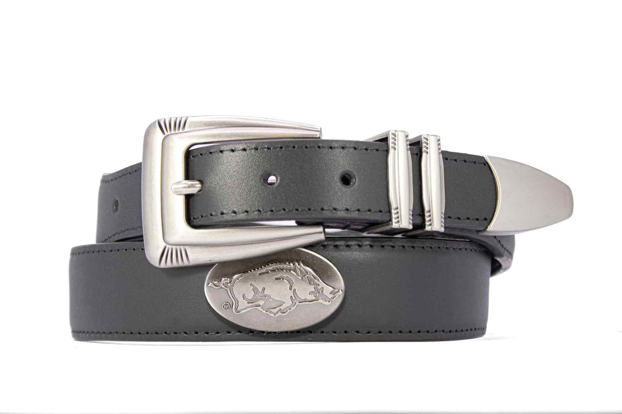 Arkansas Razorbacks Men's Dressy Leather Belt. Arkansas Gift. ARK Merch. Croc Pattern. Smooth Full Grain Finish. Metal Emblem Conchos.