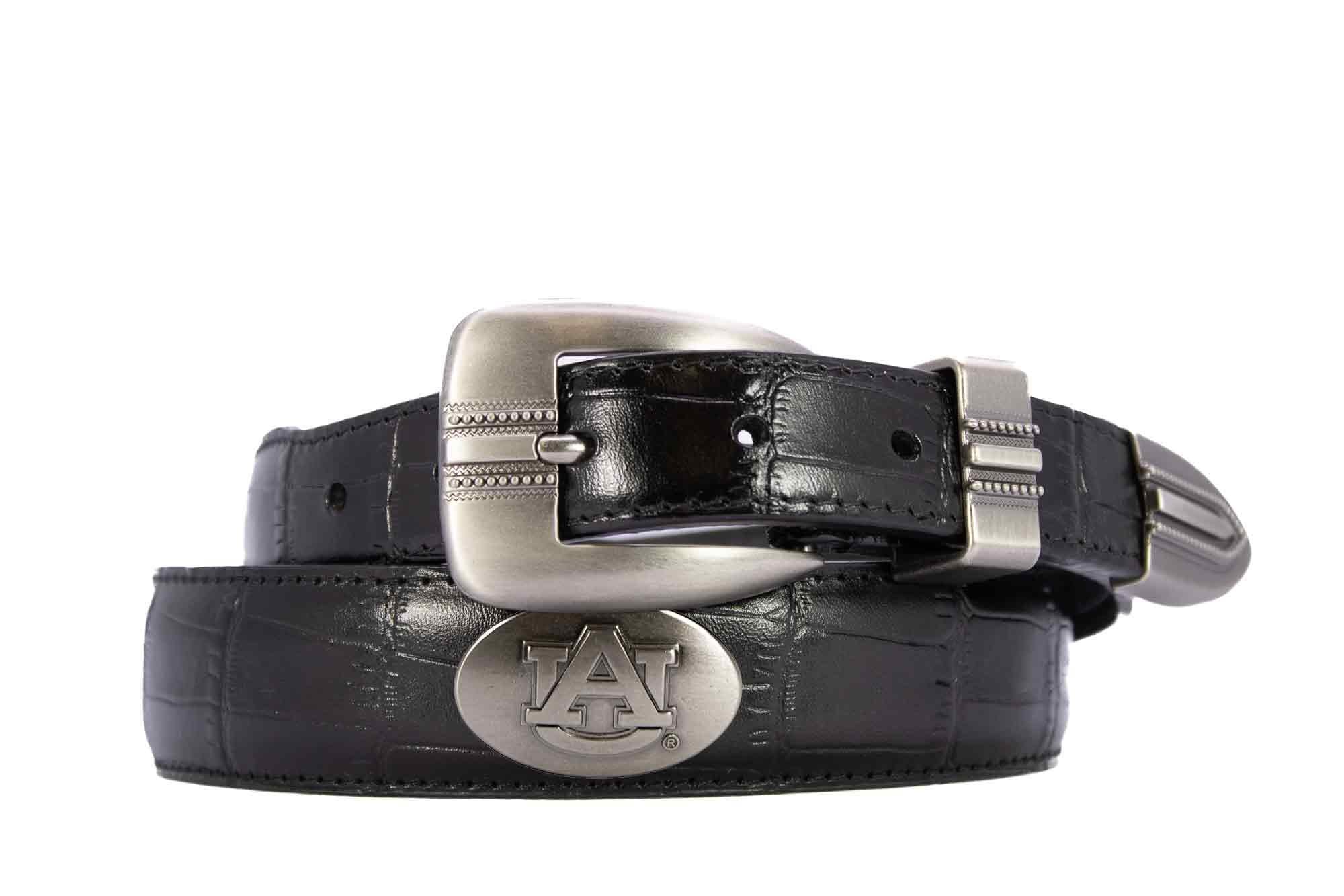 Auburn Tigers Men's Dressy Leather Belt. Auburn Gift. War Eagle Merch. Croc Pattern. Smooth Full Grain Finish. Metal Emblem Conchos.