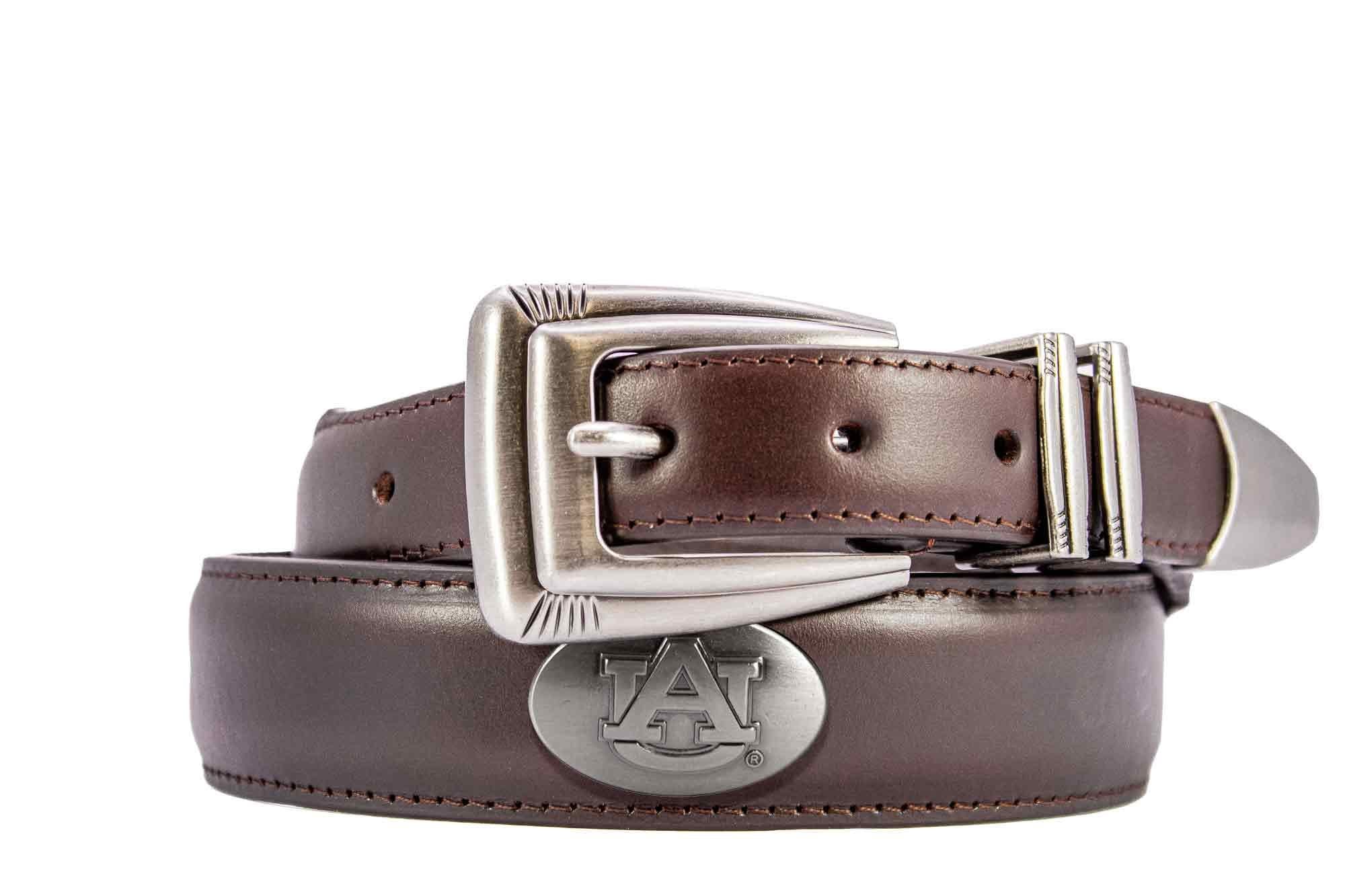 Auburn Tigers Men's Dressy Leather Belt. Auburn Gift. War Eagle Merch. Croc Pattern. Smooth Full Grain Finish. Metal Emblem Conchos.