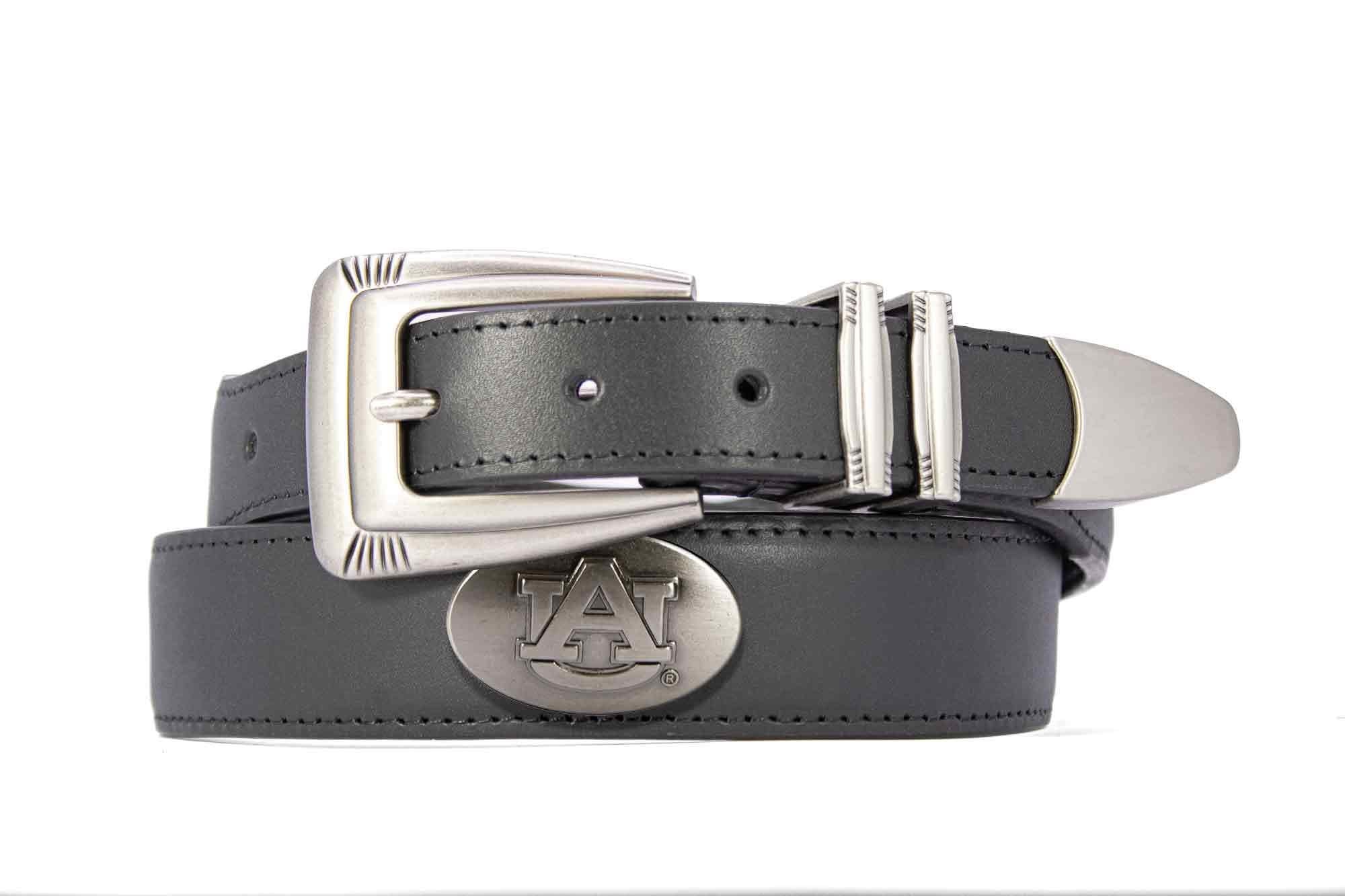 Auburn Tigers Men's Dressy Leather Belt. Auburn Gift. War Eagle Merch. Croc Pattern. Smooth Full Grain Finish. Metal Emblem Conchos.