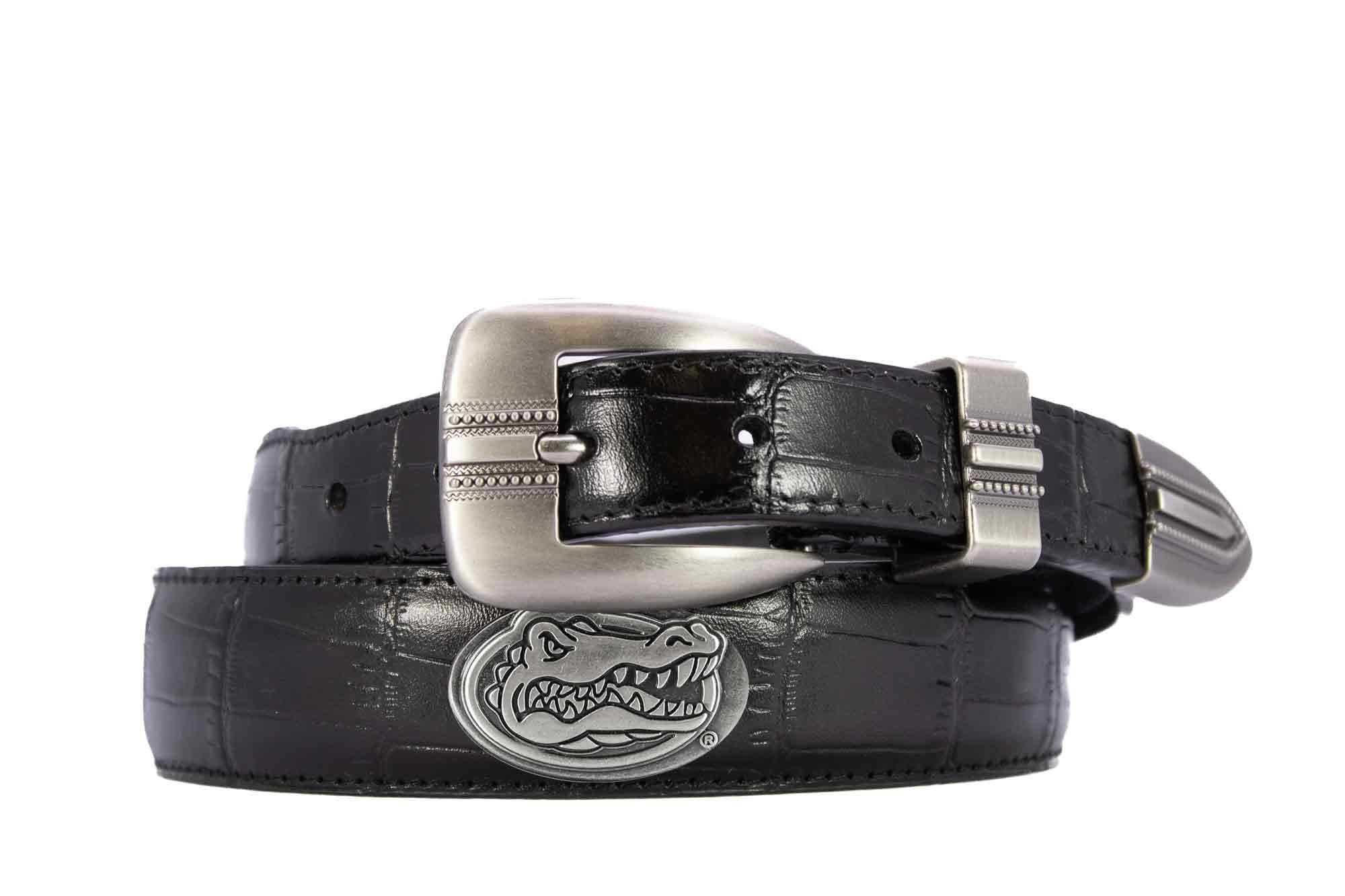 Florida Gators Men's Dressy Leather Belt. UF Gift. Gators Merch. Croc Pattern. Smooth Full Grain Finish. Metal Emblem Conchos.