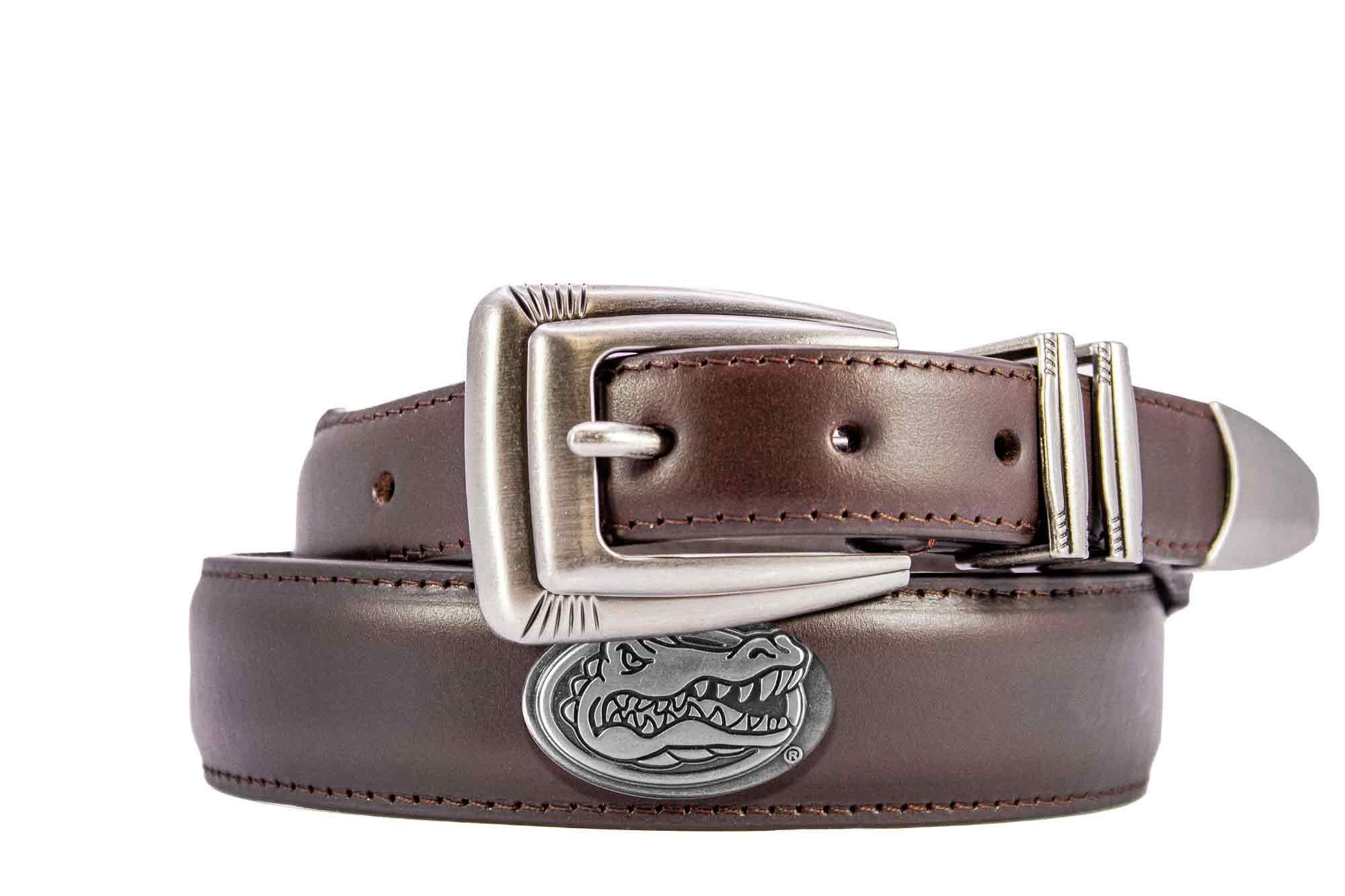 Florida Gators Men's Dressy Leather Belt. UF Gift. Gators Merch. Croc Pattern. Smooth Full Grain Finish. Metal Emblem Conchos.