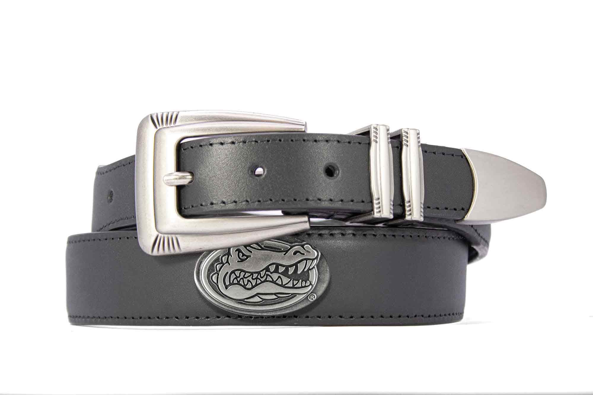 Florida Gators Men's Dressy Leather Belt. UF Gift. Gators Merch. Croc Pattern. Smooth Full Grain Finish. Metal Emblem Conchos.