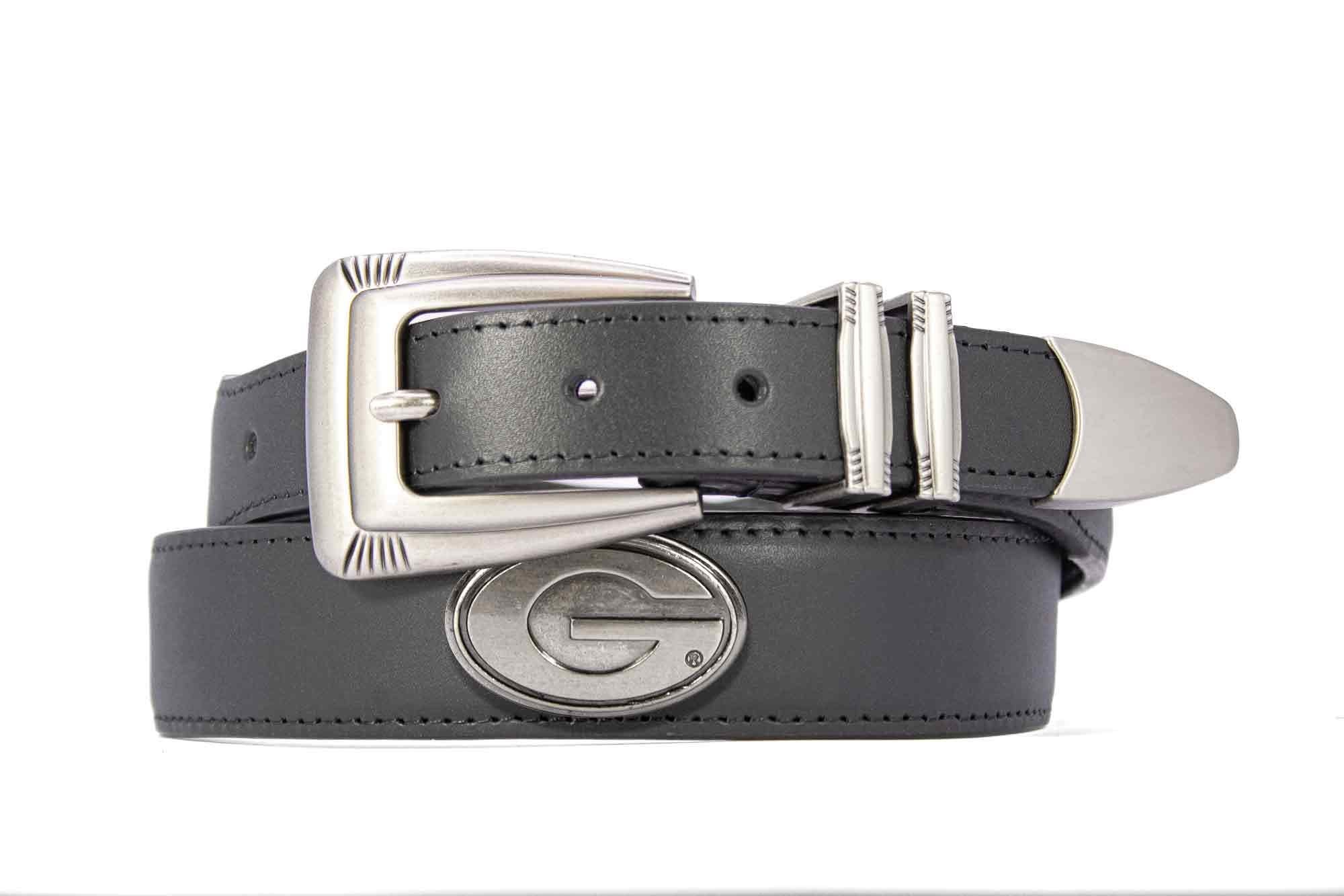Georgia Bulldogs Men's Dressy Leather Belt. Georgia Gift. UGA Dawgs Merch. Croc Pattern. Smooth Full Grain Finish. Metal Emblem Conchos.