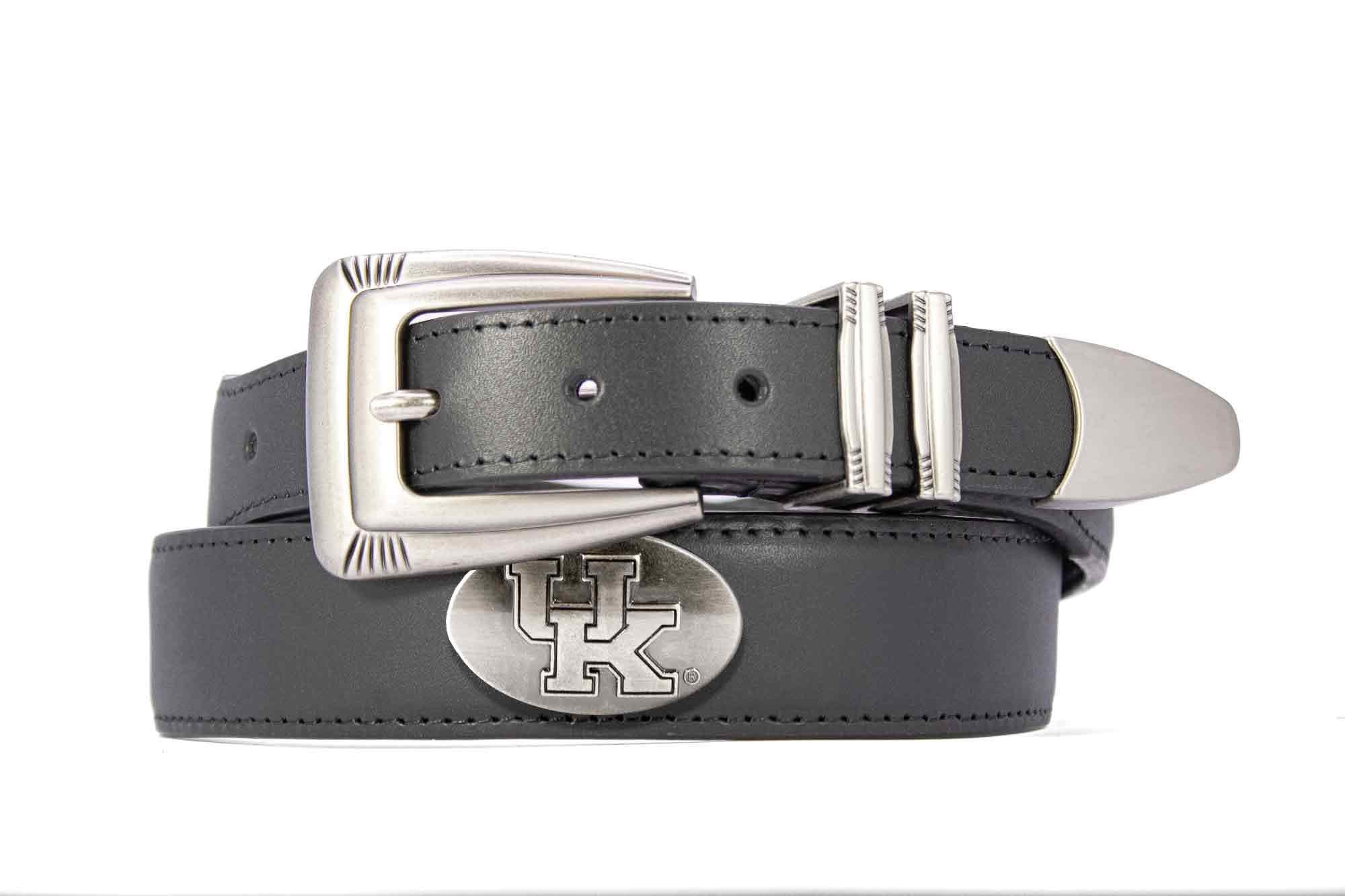 Kentucky Wildcats Men's Dressy Leather Belt. Kentucky Gift. UK Merch. Croc Pattern. Smooth Full Grain Finish. Metal Emblem Conchos.