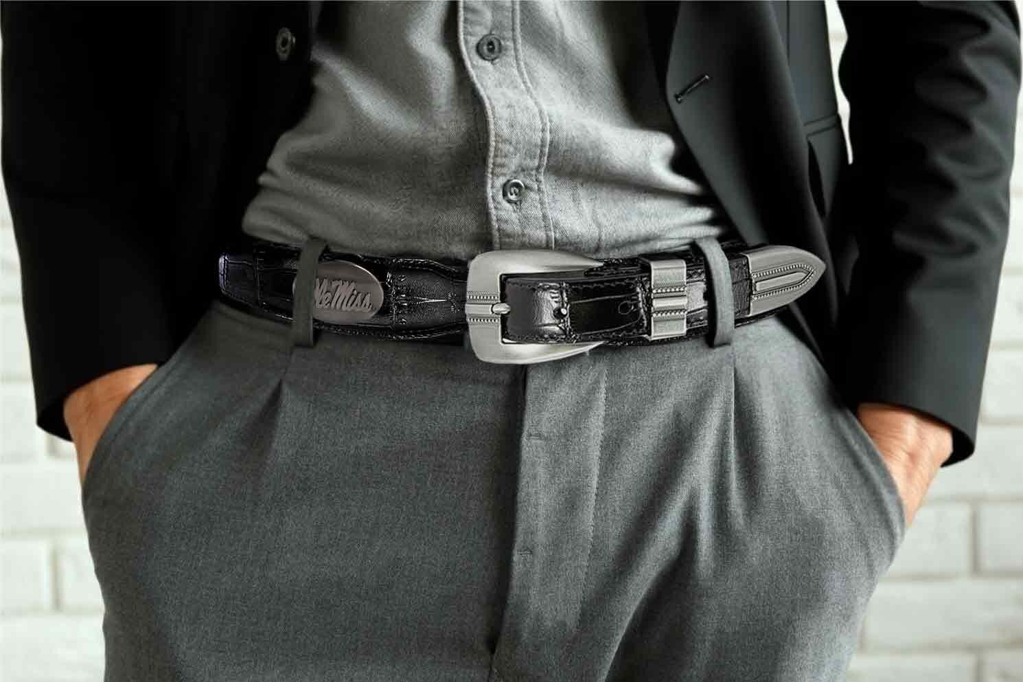 Ole Miss Rebels Men's Dressy Leather Belt. Ole Miss Gift. Ole Miss Merch. Croc Pattern. Smooth Full Grain Finish. Metal Emblem Conchos.