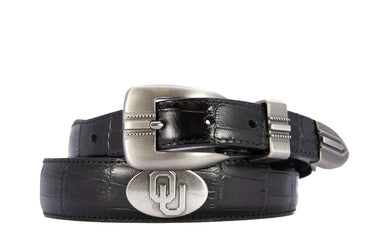 Oklahoma Sooners Men's Dressy Leather Belt. OU Sooners Gift. OU Merch. Croc Pattern. Smooth Full Grain Finish. Metal Emblem Conchos.