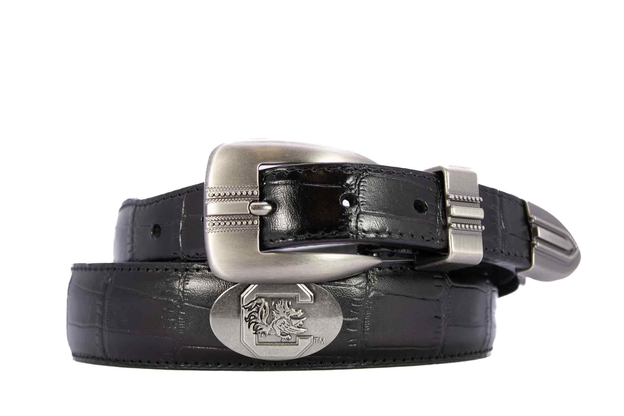 USC Gamecocks Men's Dressy Leather Belt. South Carolina Gift. USC Merch. Croc Pattern. Smooth Full Grain Finish. Metal Emblem Conchos.