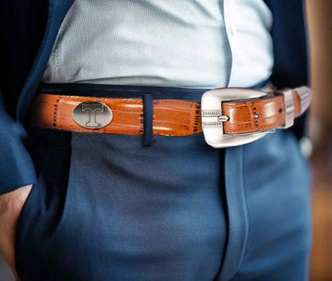 Tennessee Vols Men's Dressy Leather Belt. Tennessee Gift. Vols Merch. Croc Pattern. Smooth Full Grain Finish. Metal Emblem Conchos.