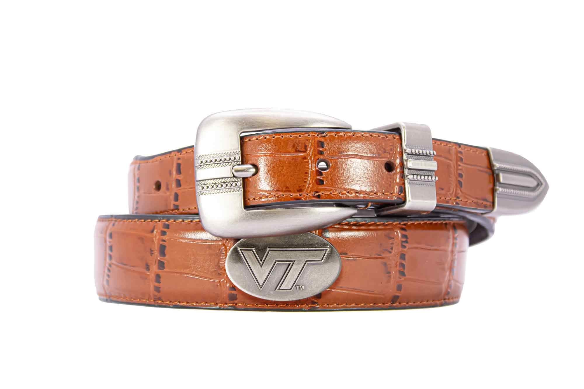 Virginia Tech Hoikes Men's Dressy Leather Belt. Hokies Gift. VT Merch. Croc Pattern. Smooth Full Grain Finish. Metal Emblem Conchos.