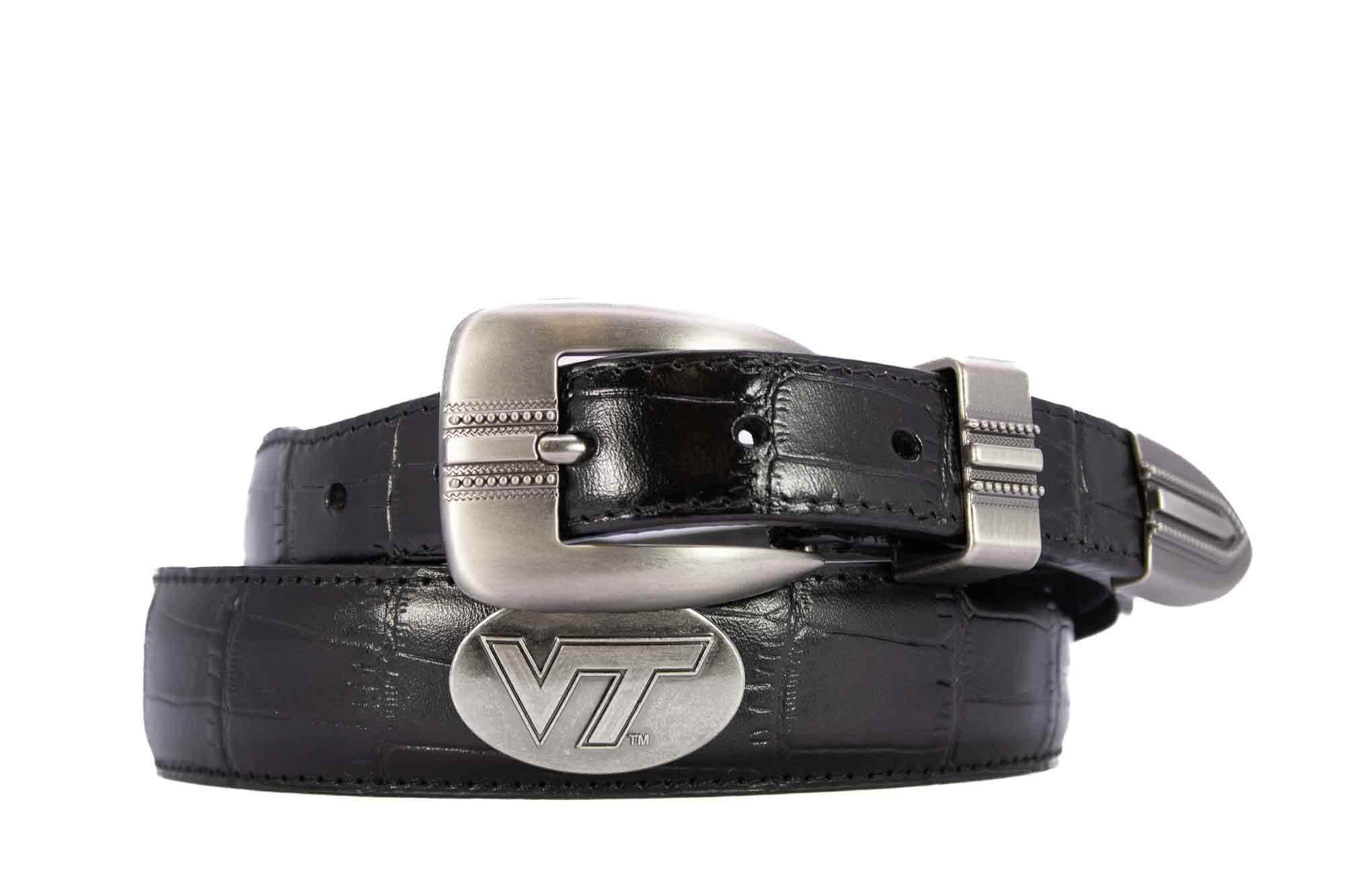 Virginia Tech Hoikes Men's Dressy Leather Belt. Hokies Gift. VT Merch. Croc Pattern. Smooth Full Grain Finish. Metal Emblem Conchos.