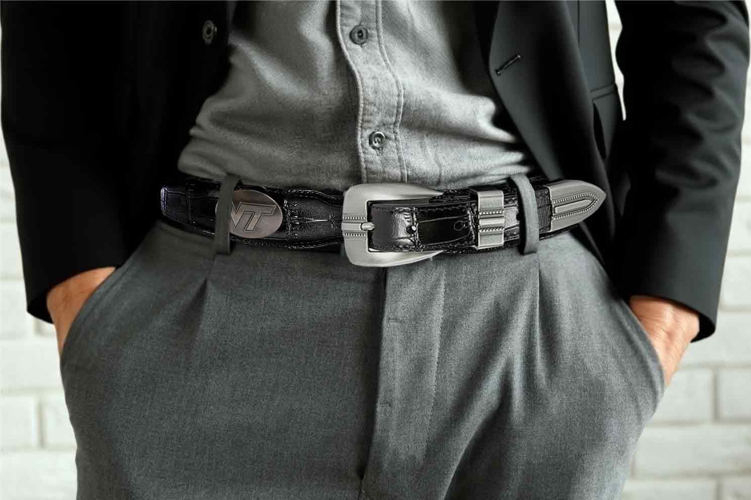 Virginia Tech Hoikes Men's Dressy Leather Belt. Hokies Gift. VT Merch. Croc Pattern. Smooth Full Grain Finish. Metal Emblem Conchos.