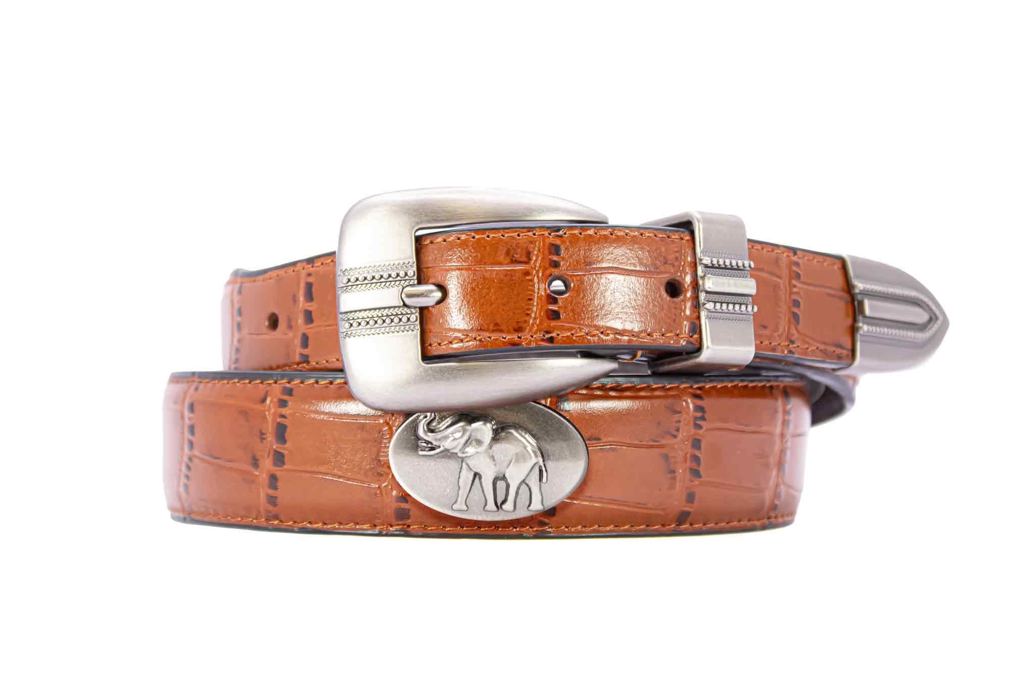 Alabama Big Al Men's Dressy Leather Belt. Alabama Gift. Bama Belt. Croc Pattern. Smooth Full Grain Finish. Metal Emblem Conchos.