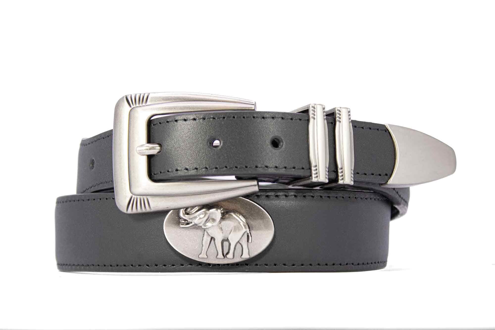 Alabama Big Al Men's Dressy Leather Belt. Alabama Gift. Bama Belt. Croc Pattern. Smooth Full Grain Finish. Metal Emblem Conchos.