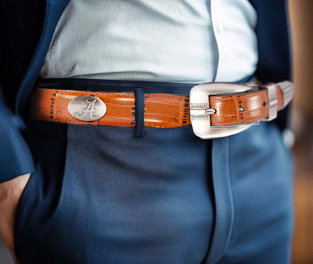 Alabama Crimson Tide Men's Dressy Leather Belt. Alabama Gift. Bama Belt. Croc Pattern. Smooth Full Grain Finish. Metal Emblem Conchos.