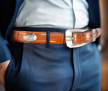 Alabama Crimson Tide Men's Dressy Leather Belt. Alabama Gift. Bama Belt. Croc Pattern. Smooth Full Grain Finish. Metal Emblem Conchos.