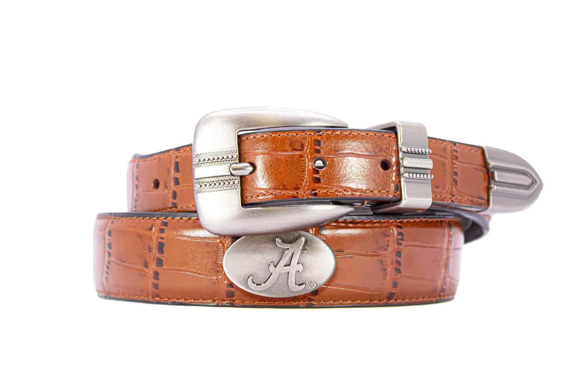 Alabama Crimson Tide Men's Dressy Leather Belt. Alabama Gift. Bama Belt. Croc Pattern. Smooth Full Grain Finish. Metal Emblem Conchos.