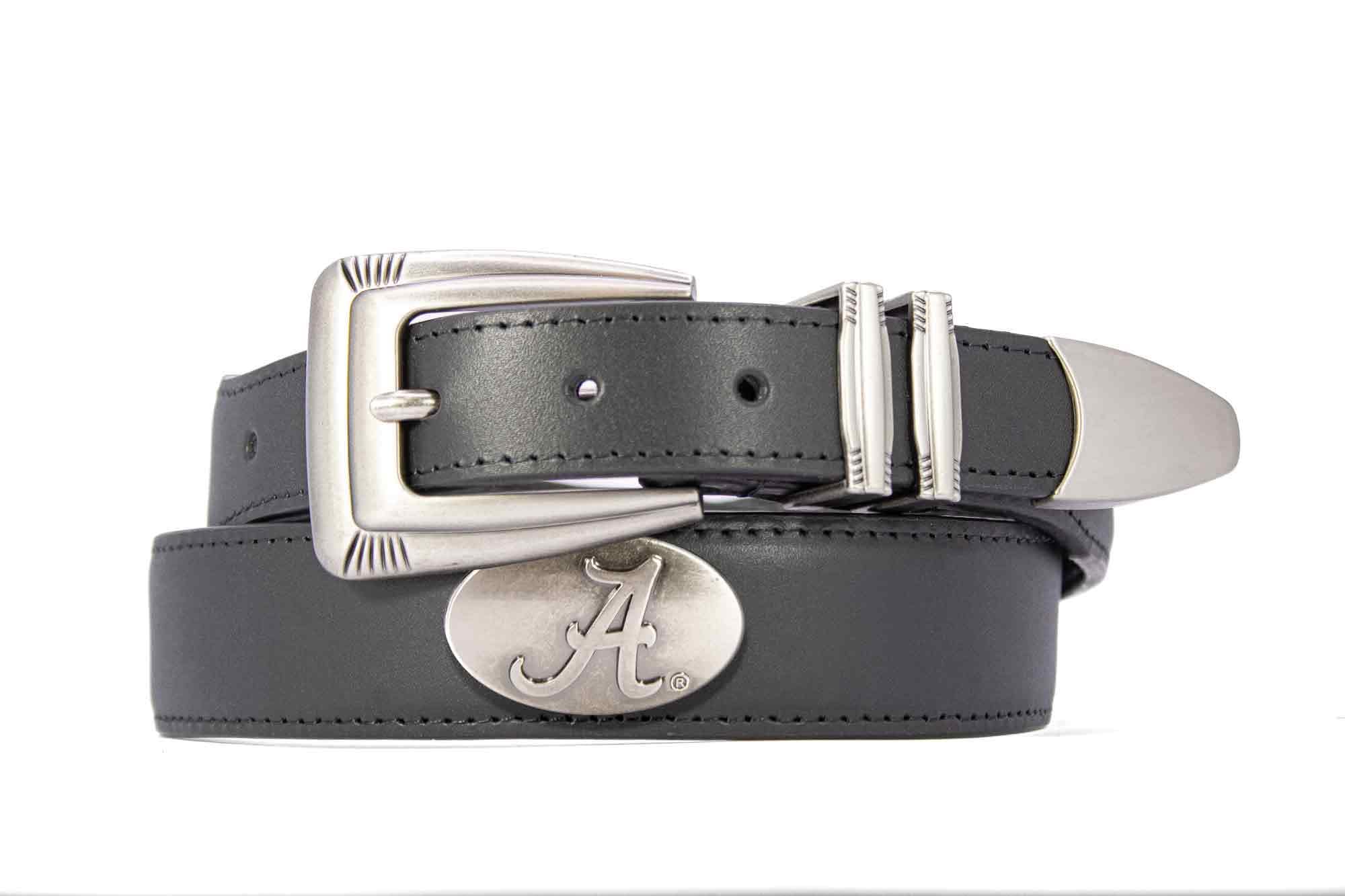 Alabama Crimson Tide Men's Dressy Leather Belt. Alabama Gift. Bama Belt. Croc Pattern. Smooth Full Grain Finish. Metal Emblem Conchos.