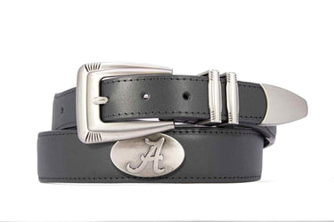 Alabama Crimson Tide Men's Dressy Leather Belt. Alabama Gift. Bama Belt. Croc Pattern. Smooth Full Grain Finish. Metal Emblem Conchos.
