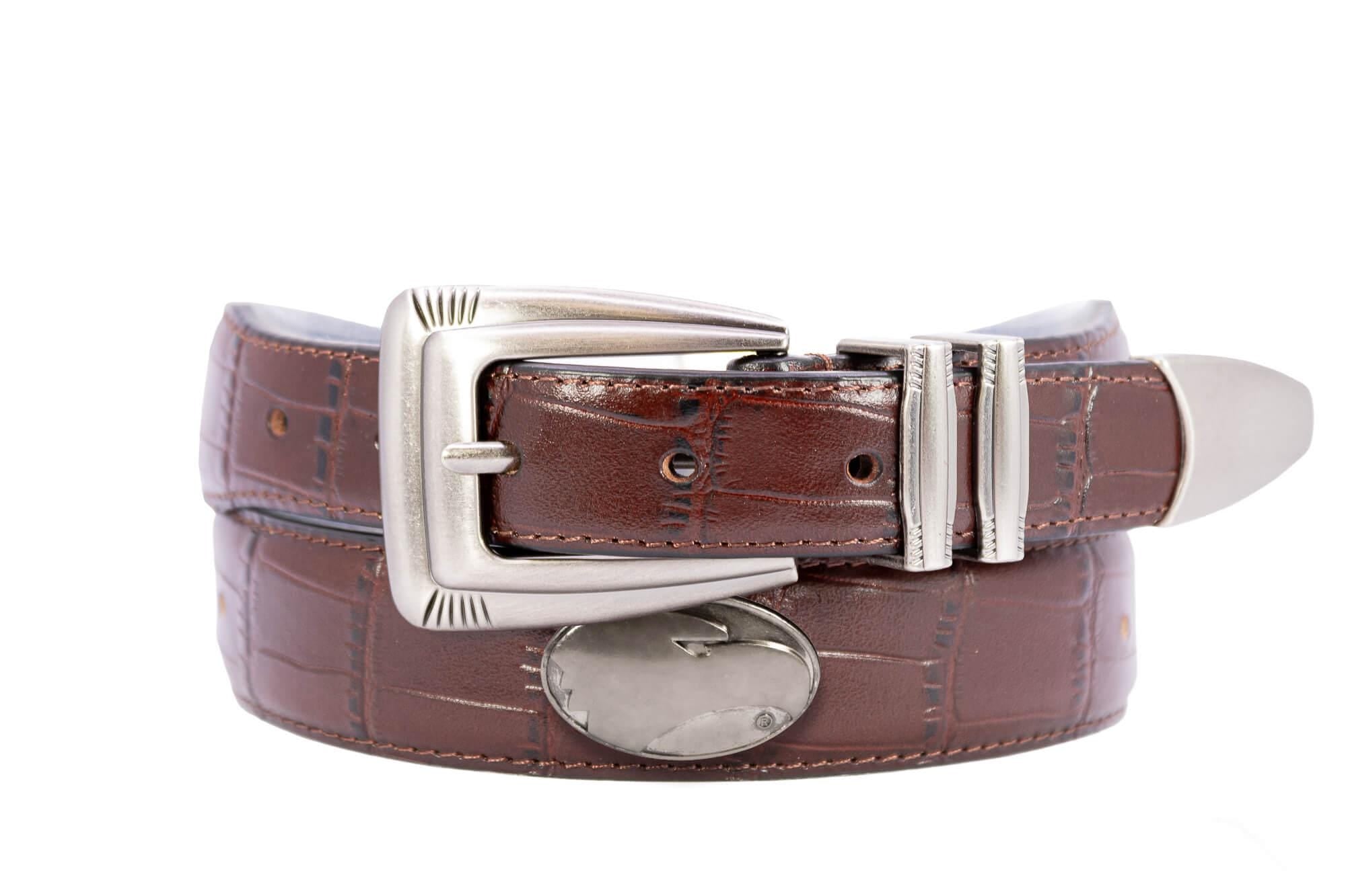 Georgia Southern Eagles Men's Collegiate Leather Belt. GA Southern Merch . Brown Croc Pattern Full Grain Finish With Metal Emblem Conchos.