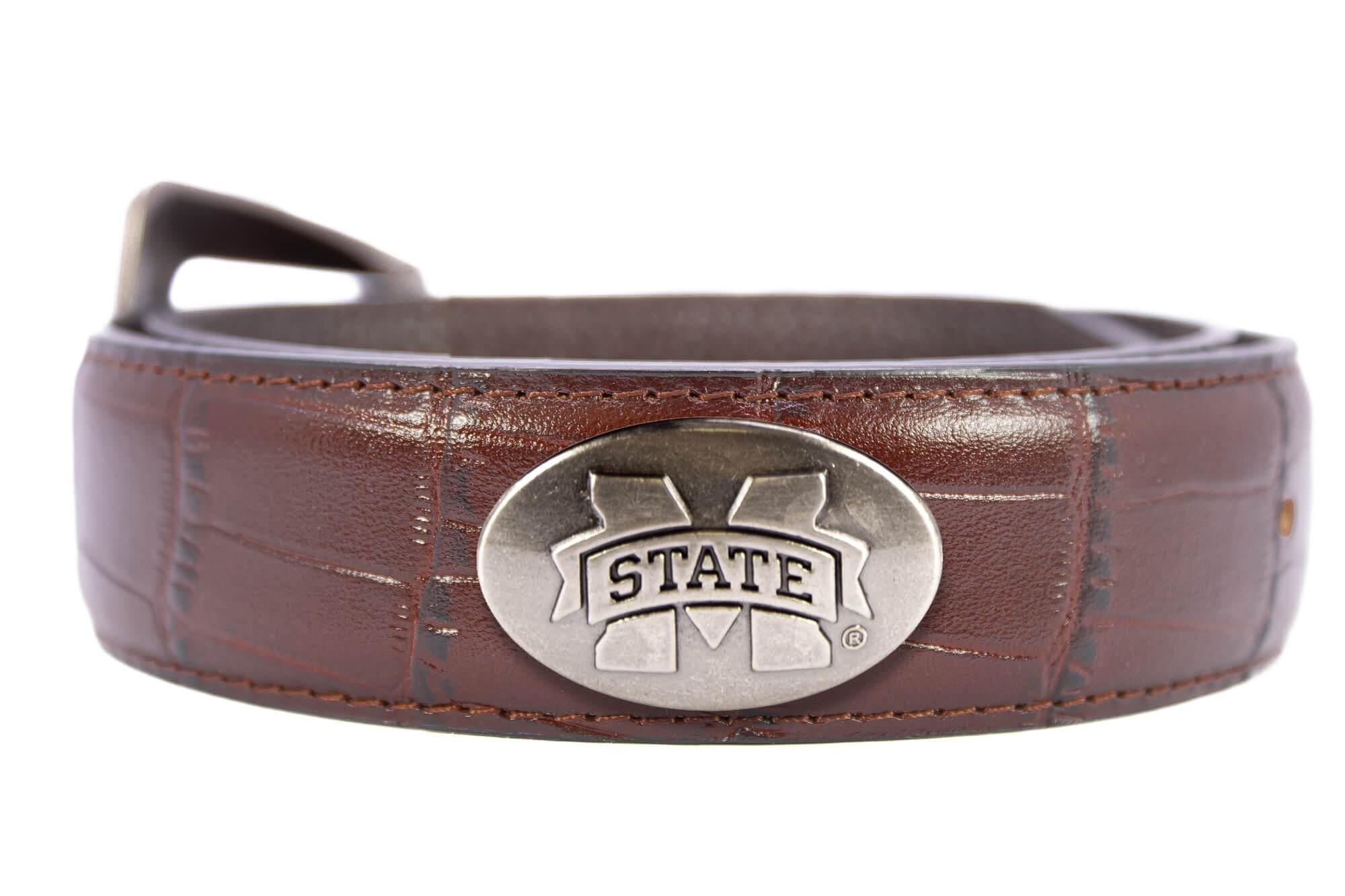 Mississippi State Bulldogs Men's Collegiate Leather Belt. MSU Gift Merch . Brown Croc Pattern Full Grain Finish With Metal Emblem Conchos.