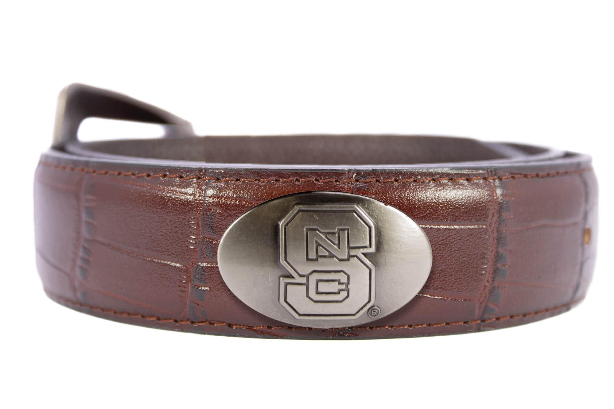 NC State Wolfpack Men's Collegiate Leather Belt. Wolfpack Gift. NCS Merch . Brown Croc Pattern Full Grain Finish With Metal Emblem Conchos.