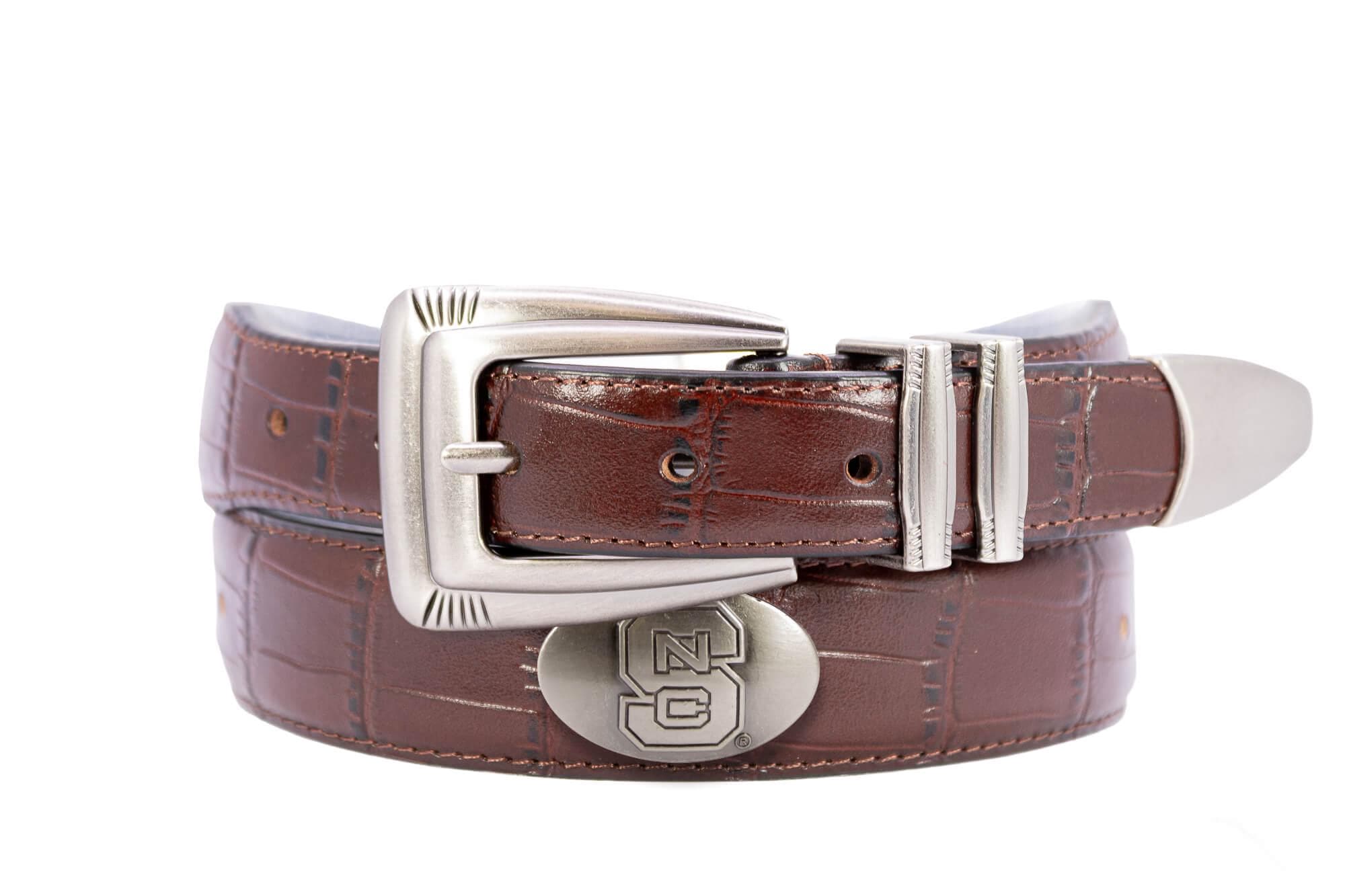 NC State Wolfpack Men's Collegiate Leather Belt. Wolfpack Gift. NCS Merch . Brown Croc Pattern Full Grain Finish With Metal Emblem Conchos.